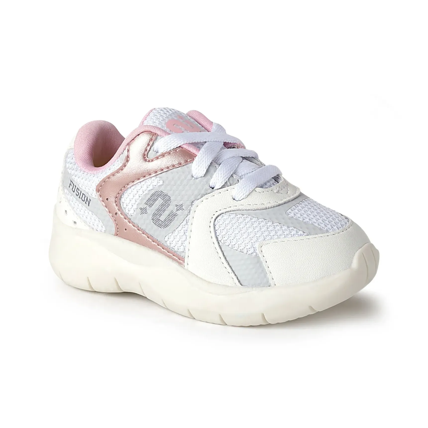 Tênis infantil branco com detalhes rosa, vista frontal destacando conforto e design
